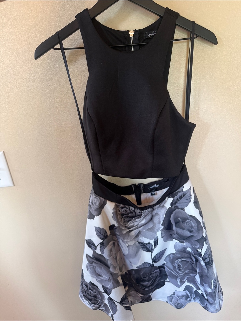 Speechless Black Floral Two Piece Fit-and-Flare Dress